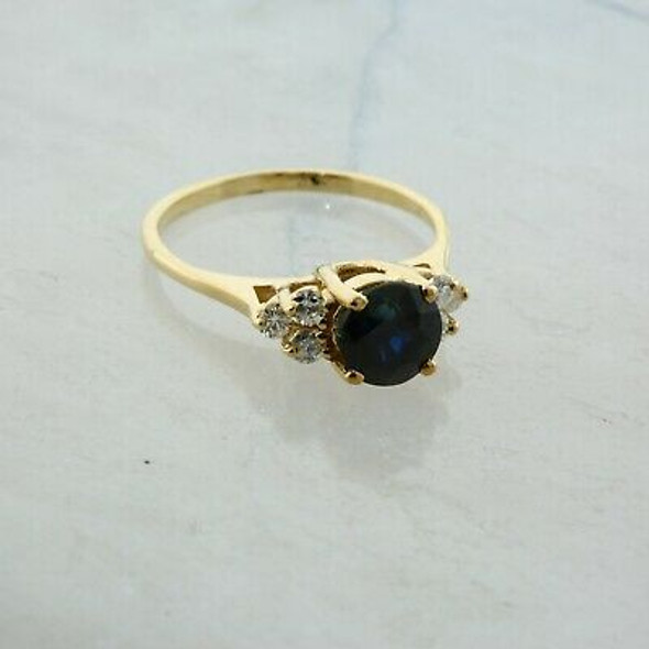 14K Yellow Gold 2 ct TW Blue Sapphire and Diamond Ring Size 8 Circa 1990