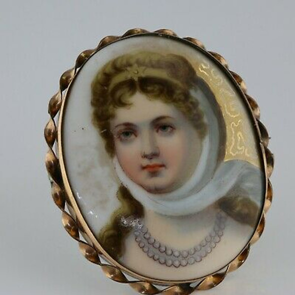 Gold Filled Porcelain Portrait Pin on Silver Wife of Frederick Wilhelm II