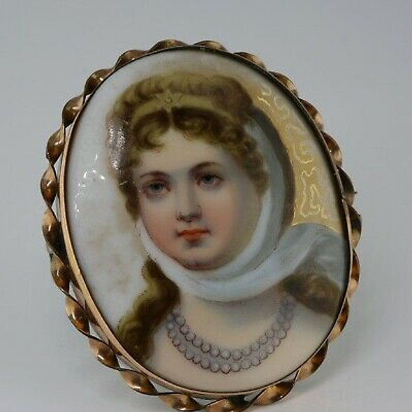 Gold Filled Porcelain Portrait Pin on Silver Wife of Frederick Wilhelm II