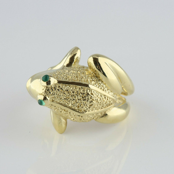 18K Yellow Gold Frog Ring, Emerald Cabochon Eyes, Size 9, Circa 1970