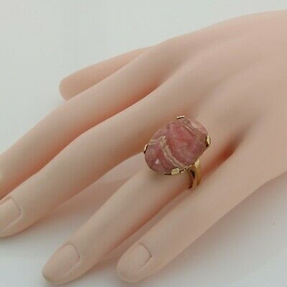 Vintage 10K Yellow Gold Rhodochrosite Scarab Ring Size 6.5 Circa 1960