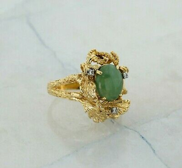 14K Yellow Gold Brutalist Jade Cabochon and Diamond Ring Size 8 Circa 1970