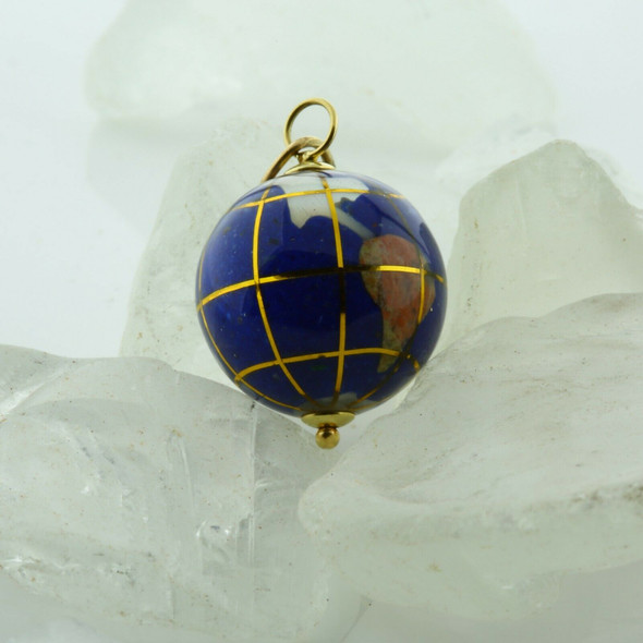 14K Yellow Gold Inlaid Stone Globe Pendant Circa 1990