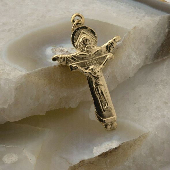 14K Yellow Gold Crucifix with Saint Above Circa 1980