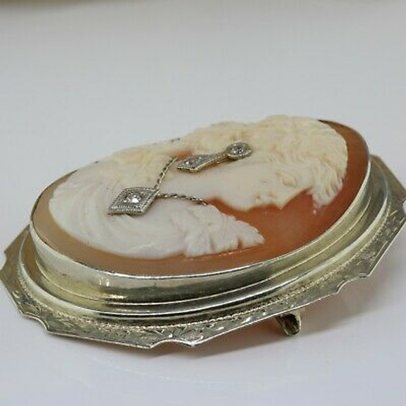 Antique 14K White Gold Shell Cameo Pin Pendant Circa 1900