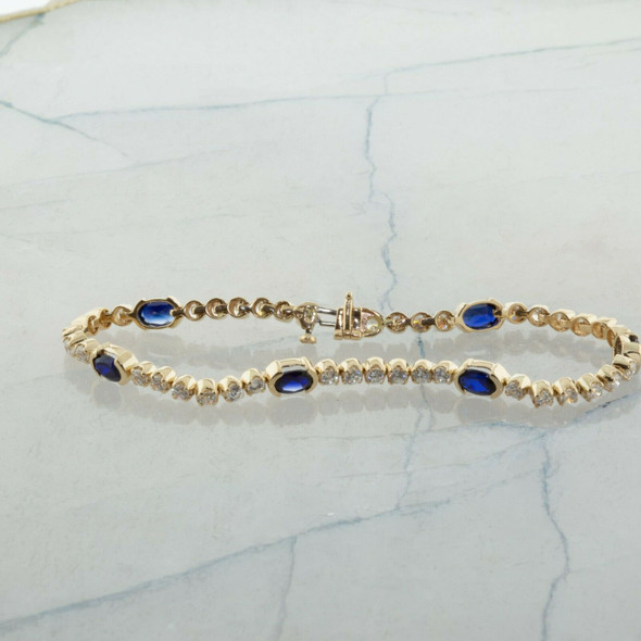 14K Yellow Gold Synthetic Sapphire and CZ Bracelet 7.5 Inches Circa 1980