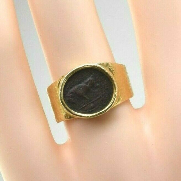 18K YG Ancient Greek Coin Ring featuring a Bronze Bull Circa 200 BCE Size 7