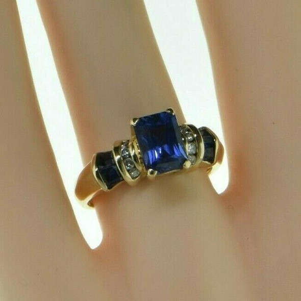 10K Yellow Gold Synthetic Sapphire and Diamond Ring Size 7.25