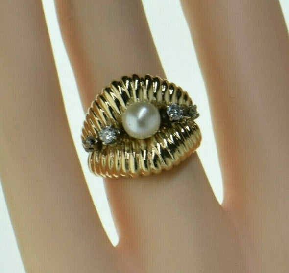 14K Yellow Gold White Pearl and Diamond Ring Size 4 Circa 1960