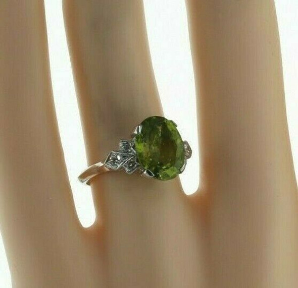 Antique 10K White Gold Peridot and Diamond Art Deco Ring Size 6.5 Circa 1930