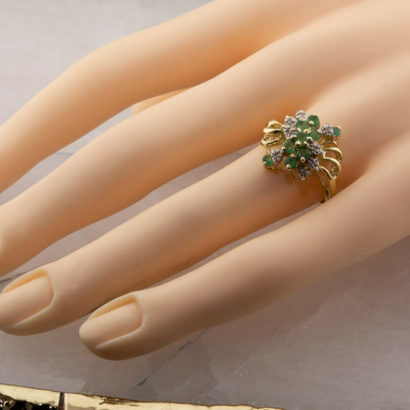 14K Yellow Gold Emerald and Diamond Cocktail Ring Size 8