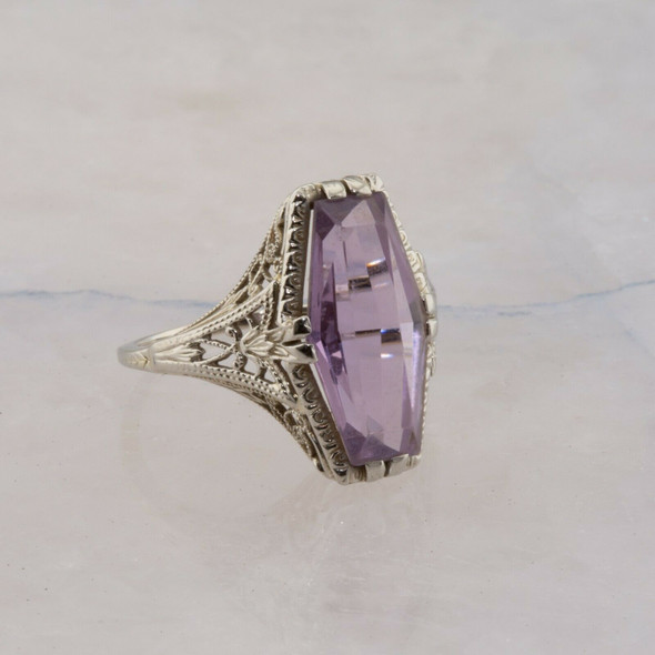 Antique 18K White Gold Art Deco Amethyst Filigree Ring Size 6.25 Circa 1930