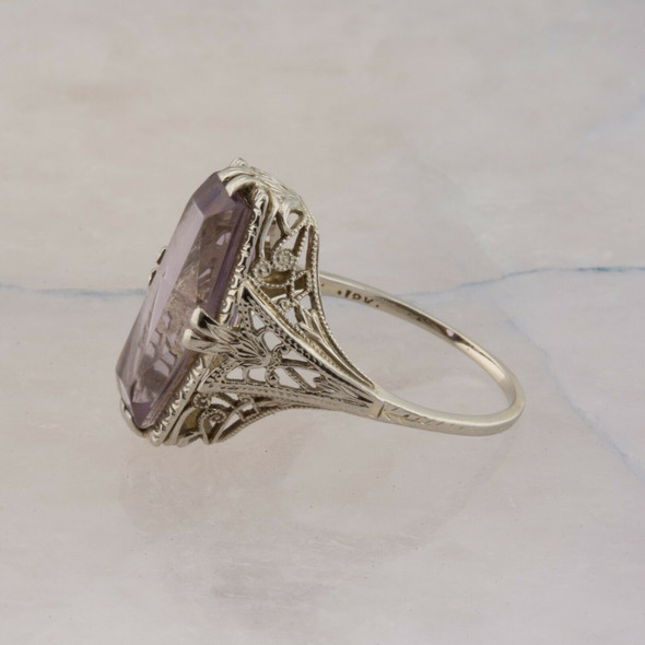 Antique 18K White Gold Art Deco Amethyst Filigree Ring Size 6.25 Circa 1930