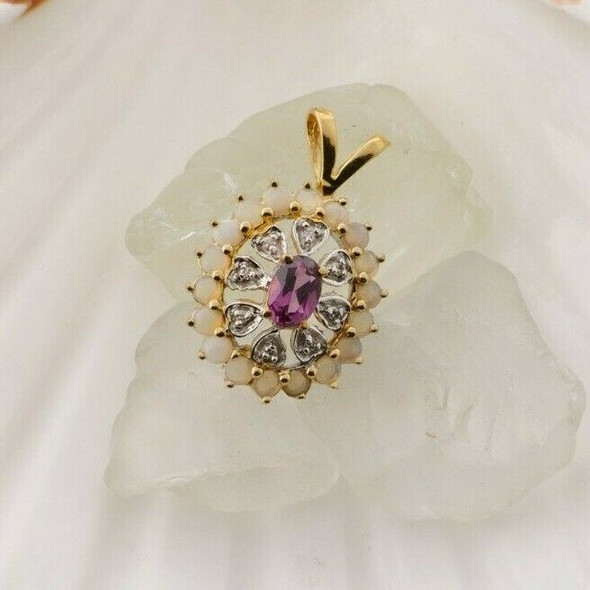 14K Yellow Gold Amethyst Opal and Diamond Pendant