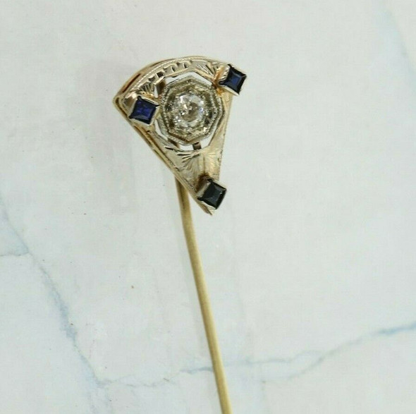 14K Yellow Gold Art Deco Diamond and Sapphire Stick Pin