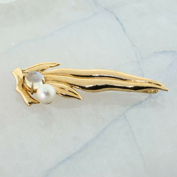 14K Yellow Gold Moonstone and Pearl Foliage Pin Circa 1970