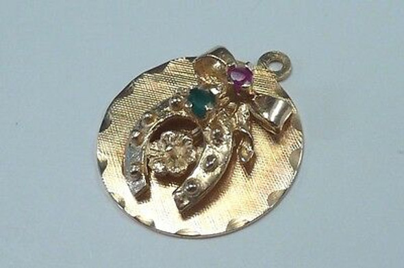 14K Yellow Gold "Horse Shoe" Pendant/Charm with Ruby & Emerald