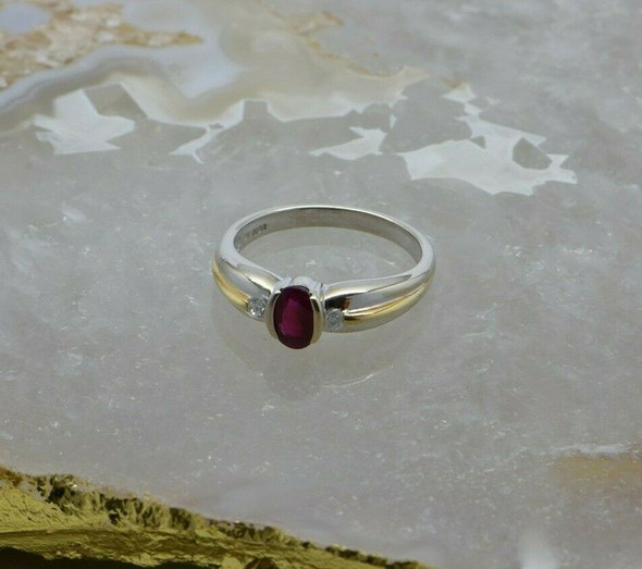 10K White Gold with Yellow Accent Ruby and Diamond Ring Size 7 Circa 1980