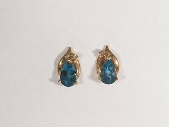 10K Yellow Gold Blue Topaz and Diamond Accent Post Earrings