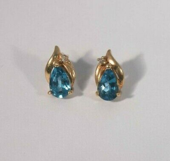 10K Yellow Gold Blue Topaz and Diamond Accent Post Earrings