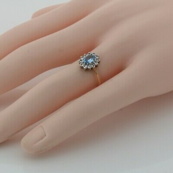 10K Yellow Gold Blue Topaz and White Stone Halo Ring Size 7.75 Circa 1970