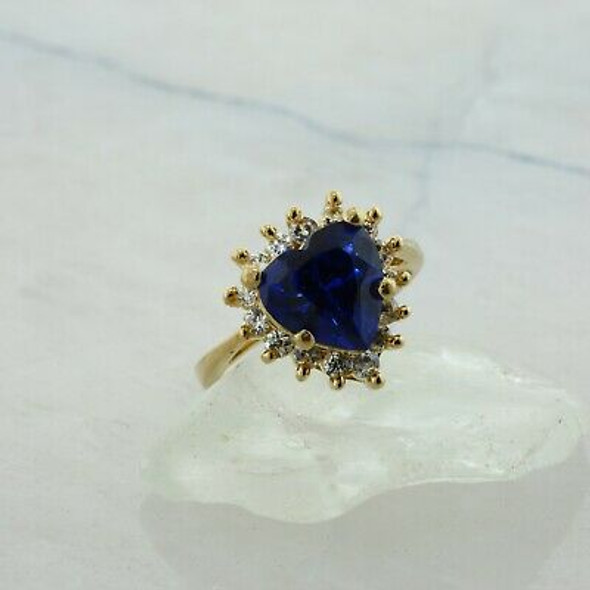 10K Yellow Gold Blue Stone Heart Cubic Zirconia Halo Ring Size 5.75