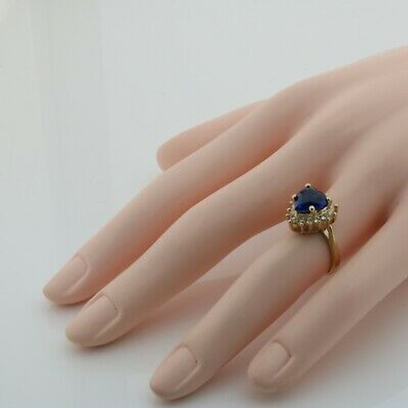 10K Yellow Gold Blue Stone Heart Cubic Zirconia Halo Ring Size 5.75