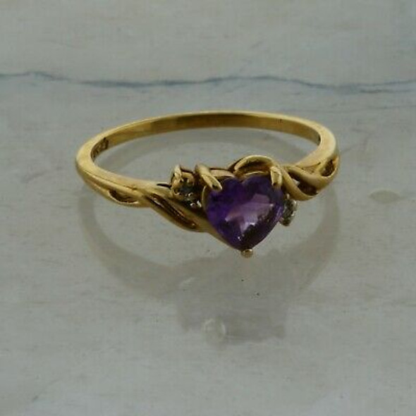 10K Yellow Gold Amethyst With Diamond Accents Heart Ring Size 7.25