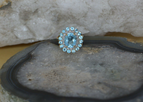 10K Yellow Gold Blue Topaz and Diamond Halo Ring, Size 6.75