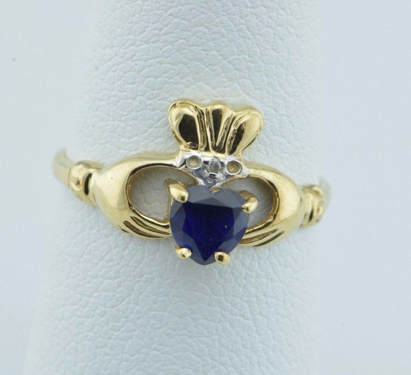 10K Yellow Gold Claddagh Ring with Blue Heart Shaped Stone, Size 5.75