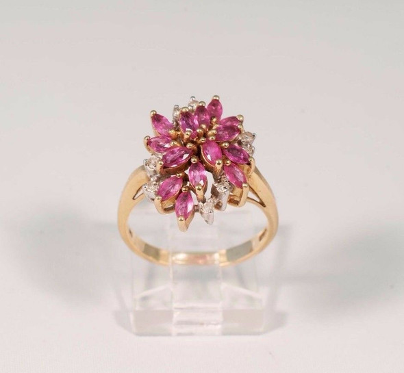 10K Yellow Gold Cocktail Cluster Ring w Pink Sapphires & Diamond Chips, size 7