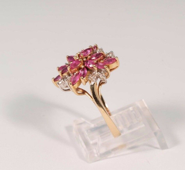 10K Yellow Gold Cocktail Cluster Ring w Pink Sapphires & Diamond Chips, size 7