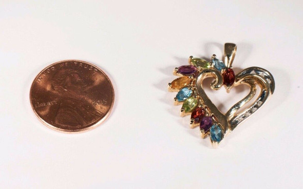 10k Yellow Gold Heart Pendant w/Multicolored Stones & Diamond Chips