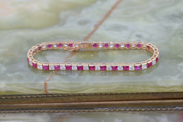 14K Yellow Gold Cubic Zirconia and Synthetic Ruby Bracelet, Circa 1960