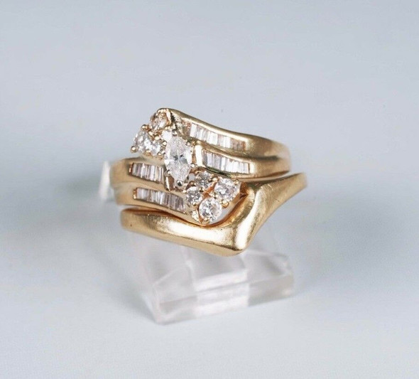 14K Yellow Gold 2 Piece Diamond Engagement Ring & Band Set, size 7.5