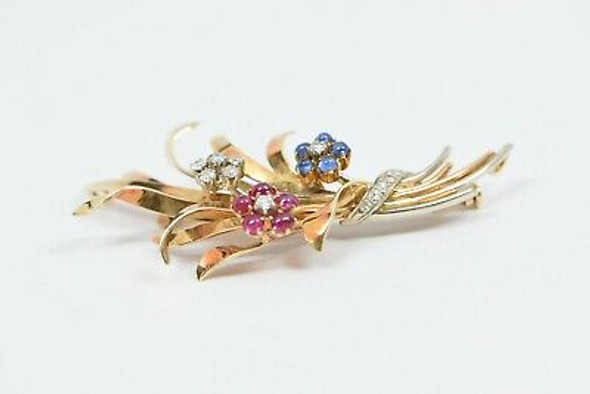 14K Yellow Gold Diamond, Ruby and Sapphire Bouquet Themed Pin, Circa 1950