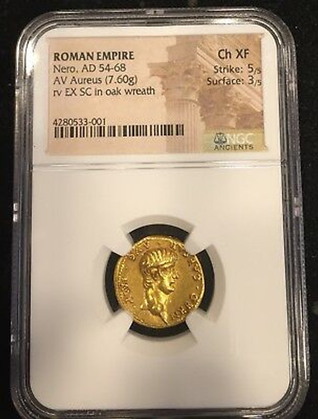 Nero, AD 54-68 Roman Empire AV Aureus rv EX SC in Oak Wreath Gold Coin