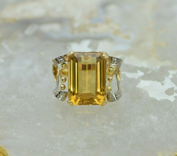 14K Yellow & White Gold Citrine Ring, Circa 1960's, Size 6.25