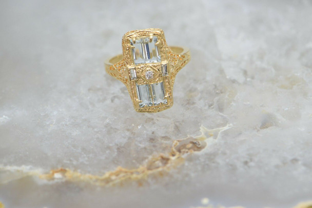 14K Yellow Gold Retro-style, Aquamarine & Diamond Ring, Size 7