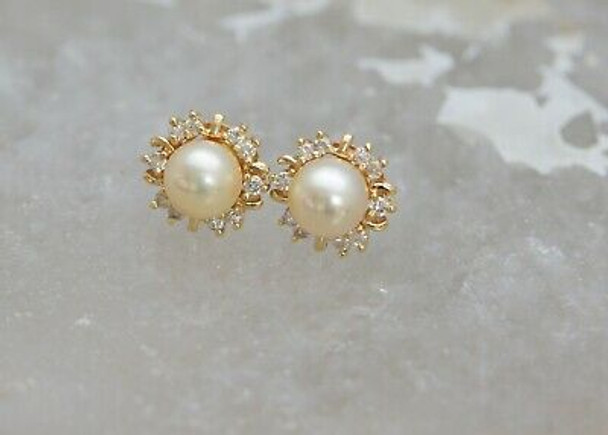 14K Yellow Gold Pearl and Diamond Halo Studs, 7mm Round Pale Peach Centers