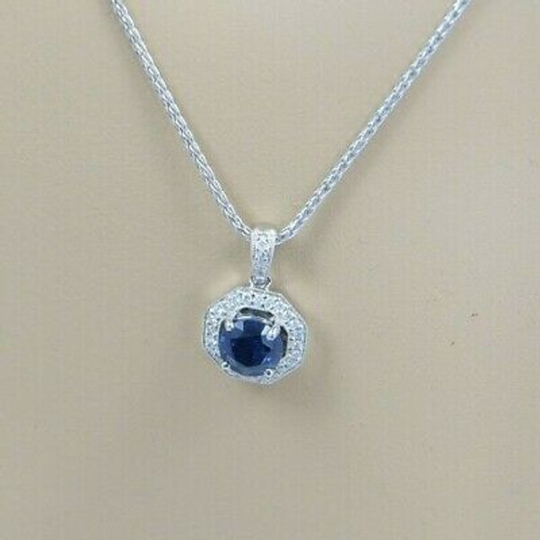 14K WG Blue Sapphire & Diamond Necklace Maker: REKO with 17" Chain, Circa 1990