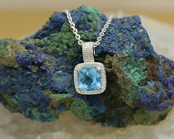 14K WG London Blue Topaz & Diamond Necklace Cushion Faceted Stone w/17.5" Chain