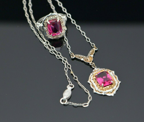 Sterling Silver Art Deco Ring & Lavalier 16" Necklace w/Pink Spinel, 1930's