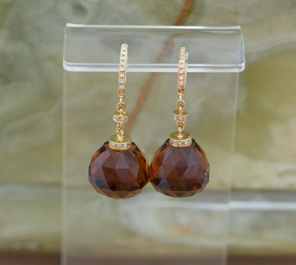 Superb 18K YG Multi Faceted Dark Citrine and Diamond Earrings
