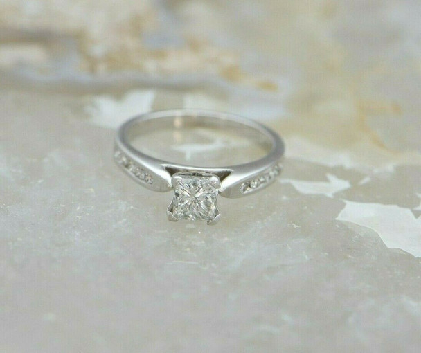 18K WG Diamond Ring .96 Carat Center Princess Cut 10 Side Stones, Size 6.25