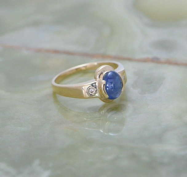 14K YG Sapphire and Diamond Ring Medium Blue Cabochon Circa 1980 size 8.5