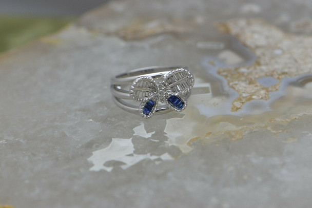 Super Quality 18K WG Diamond & Sapphire Butterfly Ring Size 7.25 Circa 2000