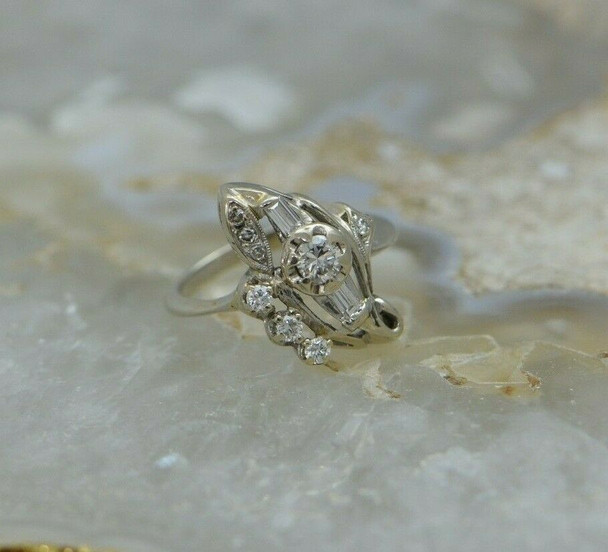 14K WG Diamond Floral Deco Ring with Diamonds Circa 1950 Size 5