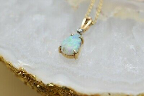 14K Yellow Gold Opal Crystal Teardrop Pendant on Link Chain 15"