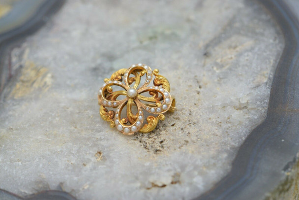 14K Yellow Gold Victorian Seed Pearl Pin Wheel Pin, Circa 1900